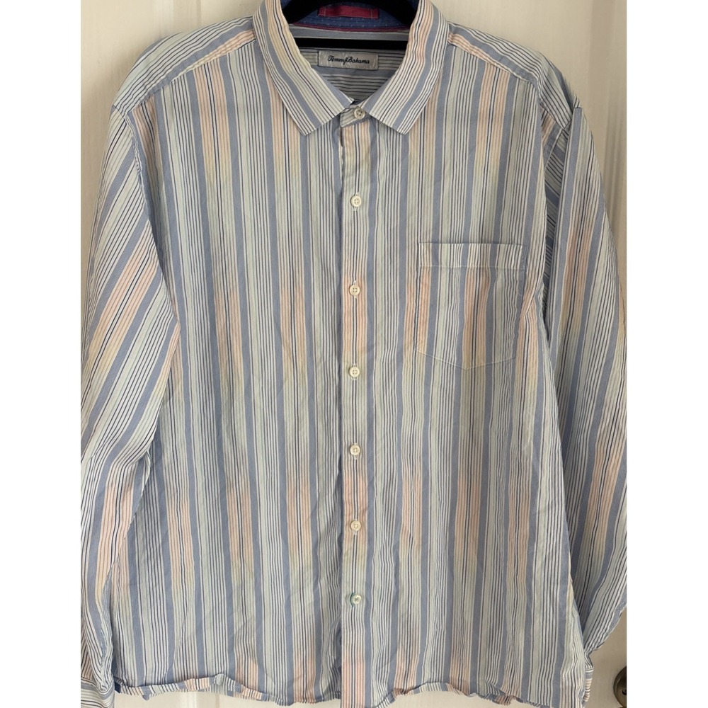 Tommy Bahama White Blue Shirt Stripe Cotton Silk Long Sleeve Preppy Old Money XL